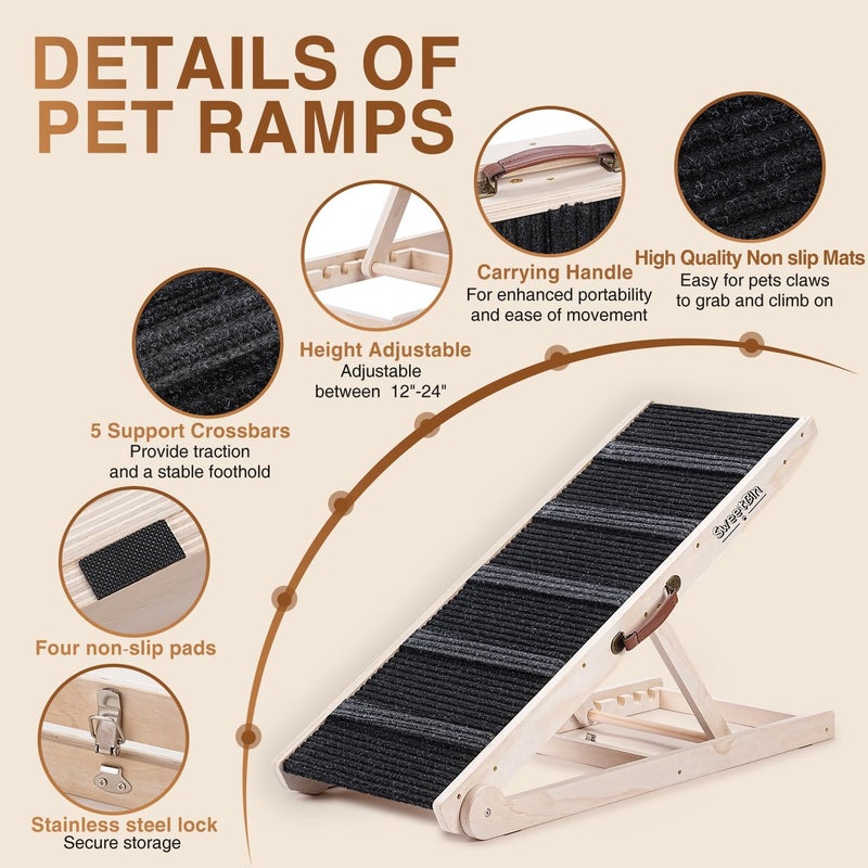 SweetBin Dog Ramp for Bed - Foldable Small to Large Dog Ramp for Couch - 6 Adjustable Height from 12" to 24" - Stairs with High Traction Mat - Wooden Portable Ramp for Dogs to Get on Bed Couch Car Up to 200LBS - Image 2